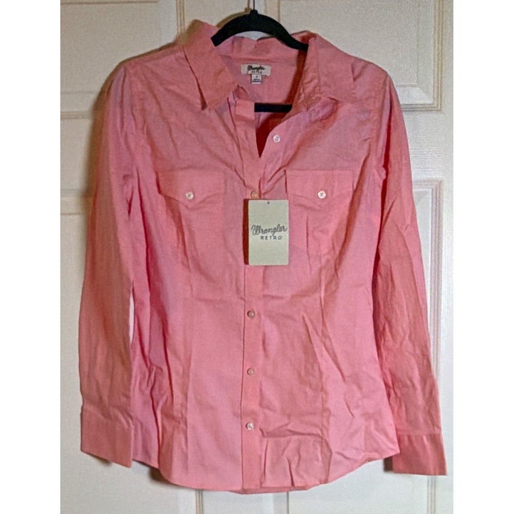Wrangler Retro Women's Size S Pink Solid Long Sleeve Point Collar Button-Up